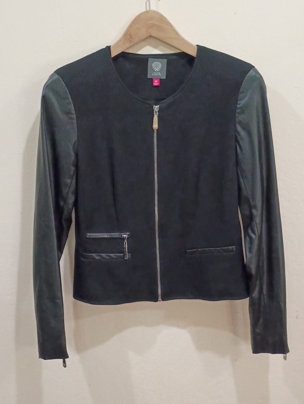 Vince Camuto Black Jacket With Faux Leather Sleeves, Size 6P NWOT